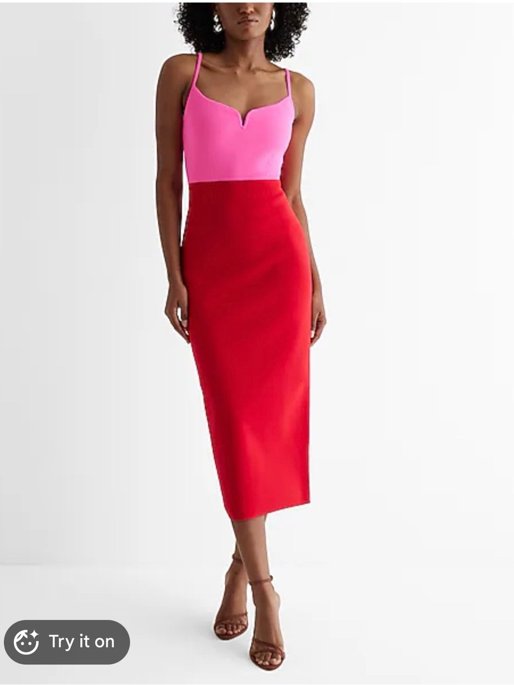 NWT Express Body Contour Colorblock Pink & Orange Midi Dress - Picture 2 of 8